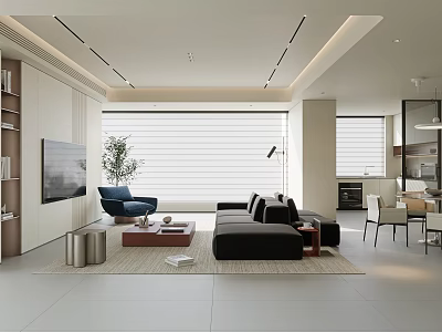 Bright Modern Minimalist Open Plan Living And Dining Room With Comfortable Furniture And Large Windows 3d model