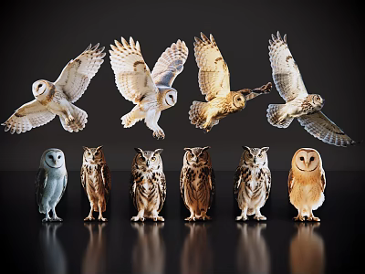 Various Owls in Flying and Standing Poses with Different Colors on Dark Background 3d model