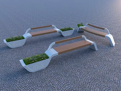 Modern Tree Planters With Wooden Benches And Green Plants On Paved Surface 3d model