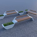 Modern Tree Planters With Wooden Benches And Green Plants On Paved Surface