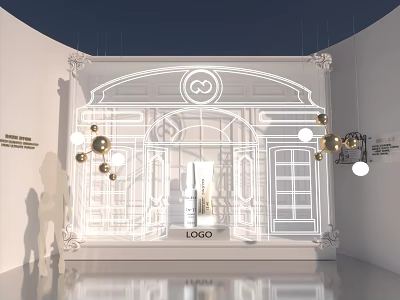 Contemporary Art Installation With Line Drawn Door Window Elements Hanging Spherical Lamps And Reflective Floor 3d model