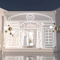 Contemporary Art Installation With Line Drawn Door Window Elements Hanging Spherical Lamps And Reflective Floor