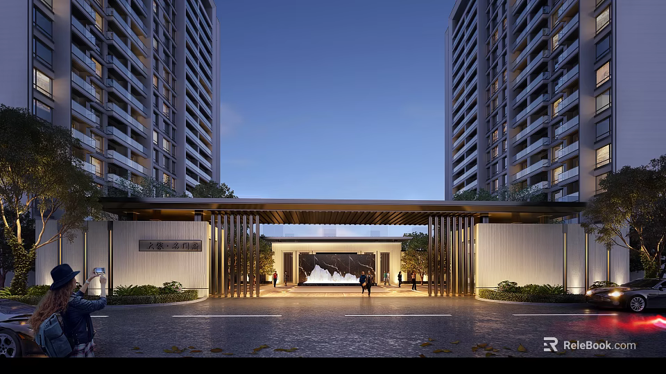 Modern High Rise Residential Entrance With Water Fountain And Landscaped Gardens 3d model 