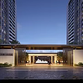 Modern High Rise Residential Entrance With Water Fountain And Landscaped Gardens