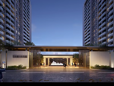 Modern High Rise Residential Entrance With Water Fountain And Landscaped Gardens 3d model