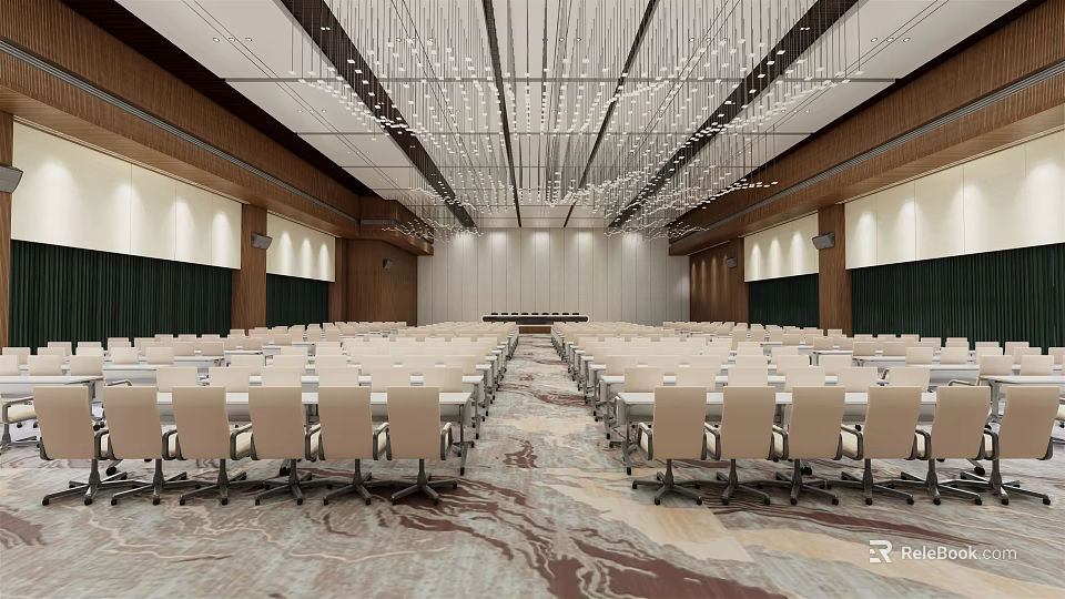 Modern Conference Room With Neatly Arranged Chairs Long Tables Chandeliers Wooden Walls And Green Curtains 3d model 