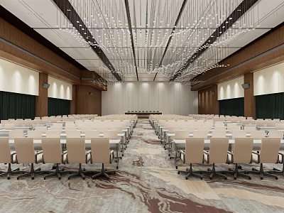 Modern Conference Room With Neatly Arranged Chairs Long Tables Chandeliers Wooden Walls And Green Curtains 3d model