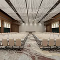 Modern Conference Room With Neatly Arranged Chairs Long Tables Chandeliers Wooden Walls And Green Curtains