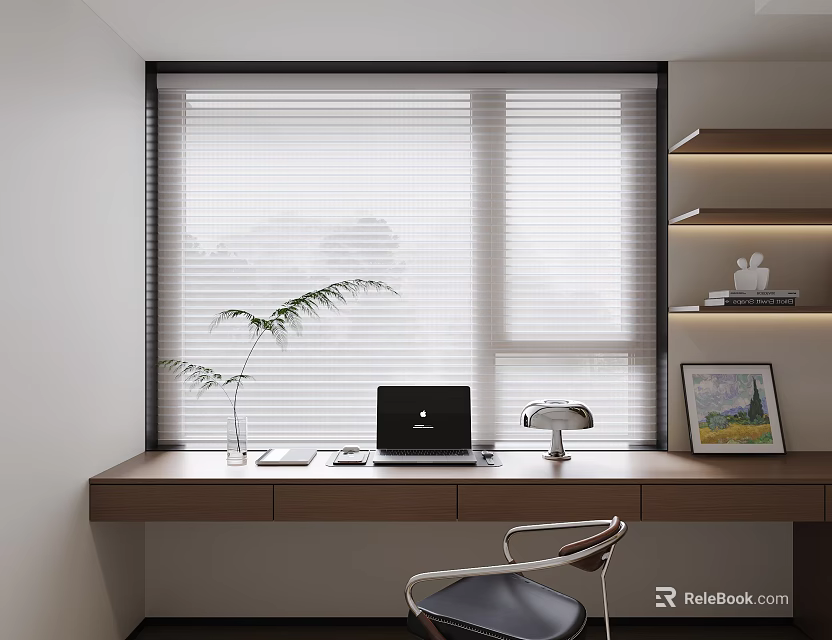 Modern Window Blinds In Home Office With Wooden Desk Laptop Table Lamp And Green Plant 3d model 