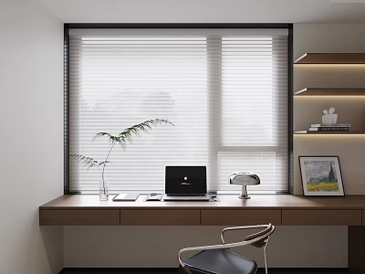 Modern Window Blinds In Home Office With Wooden Desk Laptop Table Lamp And Green Plant 3d model
