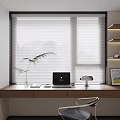 Modern Window Blinds In Home Office With Wooden Desk Laptop Table Lamp And Green Plant