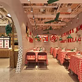 Barbecue Restaurant Interior Featuring Red Checkered Tablecloths Ceiling Fans Fresh Ingredients And Wall Signs
