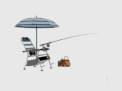 Outdoor Chair with Blue and White Striped Umbrella Fishing Rod and Bag 3d model