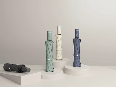 Colorful Foldable Umbrellas in Green Beige Navy Blue and Black on White Display Stands 3d model