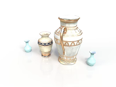 Decorative Vases In Various Sizes With White And Light Blue Colors And Gold Accents 3d model