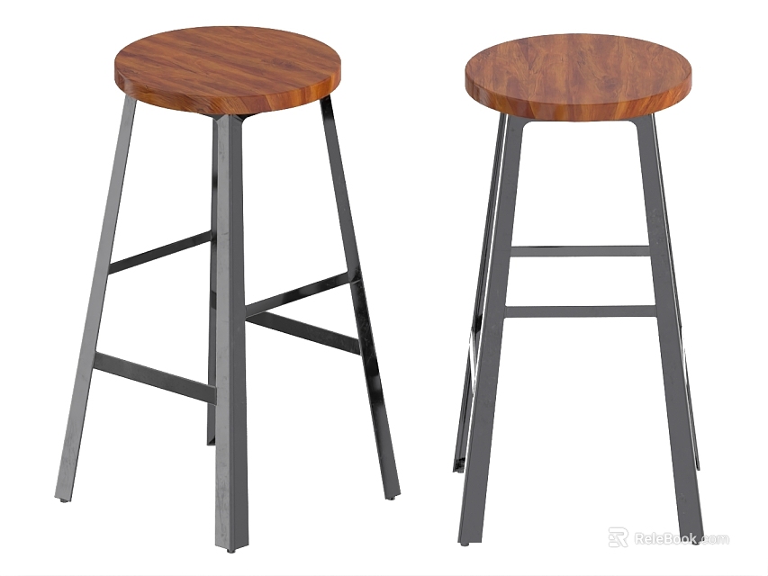 Pair of Modern Bar Stools with Wooden Round Seats and Metal Frames with Cross Bars 3d model 