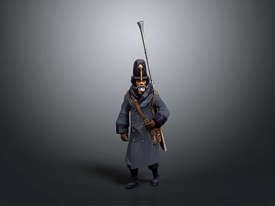 3D Model Military Style Uniformed Character In Long Coat With Feathered Hat Spear And Backpack 3d model
