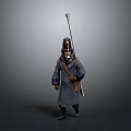 3D Model Military Style Uniformed Character In Long Coat With Feathered Hat Spear And Backpack