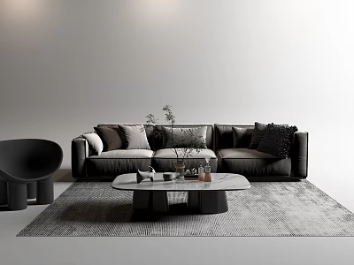 Modern Dark Gray Sofa With Multiple Cushions And Oval Coffee Table Set On Gray Rug 3d model