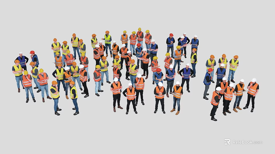 Group of Construction Workers in Safety Vests and Hard Hats Standing Together 3d model 