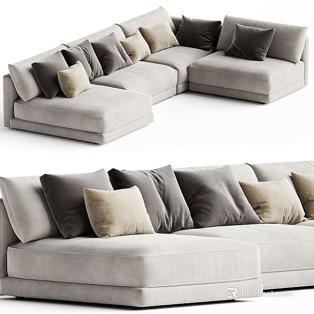 Modern Light Gray Sectional Sofa With Multiple Soft Pillows And Comfortable Design 3d model