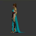 Fantasy Woman In Blue And Gold Armor Holding Long Sword In Elegant Pose
