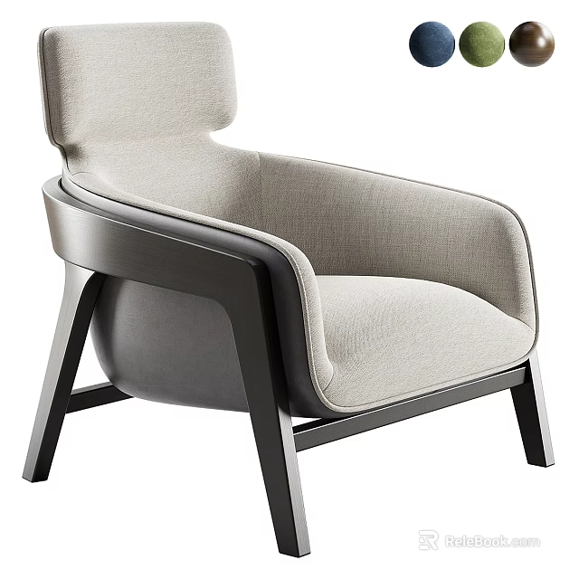 Modern Light Gray Fabric Leisure Chair with Curved Backrest and Wooden Armrests 3d model 