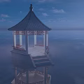 Scenic Pavilion With Blue Roof And White Pillars Over Calm Water Under Cloudy Sky