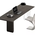 Modern Dark Wooden Desk with Laptop Black Lamp and White Chair in Minimalist Workspace