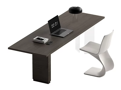 Modern Dark Wooden Desk with Laptop Black Lamp and White Chair in Minimalist Workspace 3d model