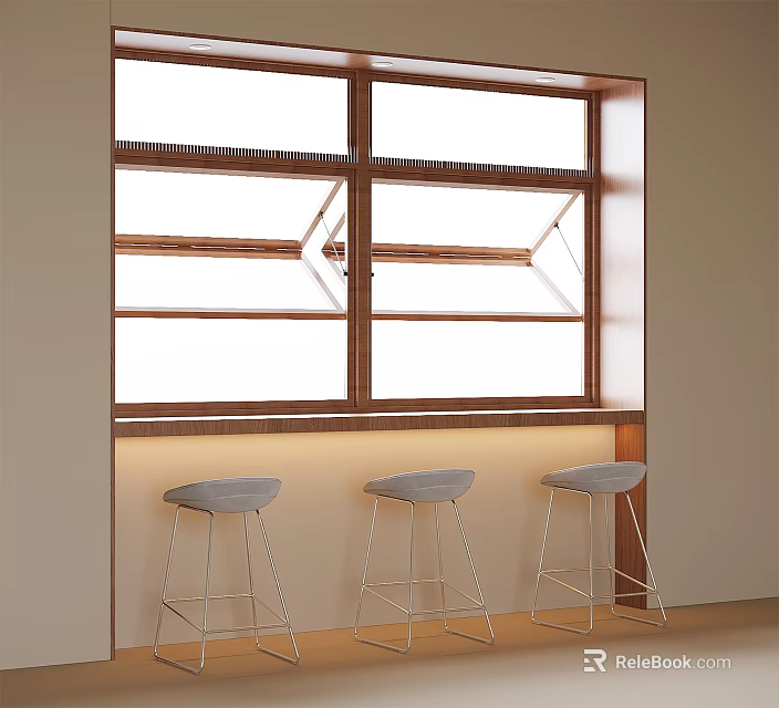 Modern Open Kitchen Interior With Wooden Window Frame And Grey Bar Stools 3d model