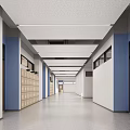 Spacious Bright Elevator Hallway With Blue And White Walls Lockers Along Walls And Ceiling Lights