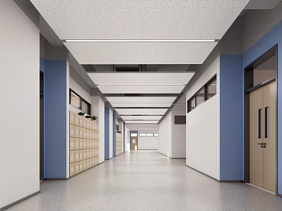 Spacious Bright Elevator Hallway With Blue And White Walls Lockers Along Walls And Ceiling Lights 3d model