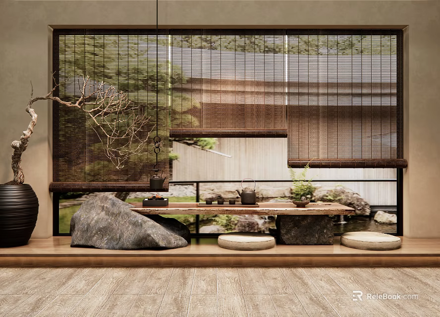 Serene Japanese Tea Room With Bamboo Blinds Decorative Rock Bonsai And Floor Cushions 3d model 