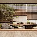 Serene Japanese Tea Room With Bamboo Blinds Decorative Rock Bonsai And Floor Cushions