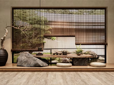 Serene Japanese Tea Room With Bamboo Blinds Decorative Rock Bonsai And Floor Cushions 3d model