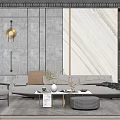 Elegant Modern Sofa and Coffee Table Set with Light Gray Sofa Marble Wall and Bookshelf 3d model