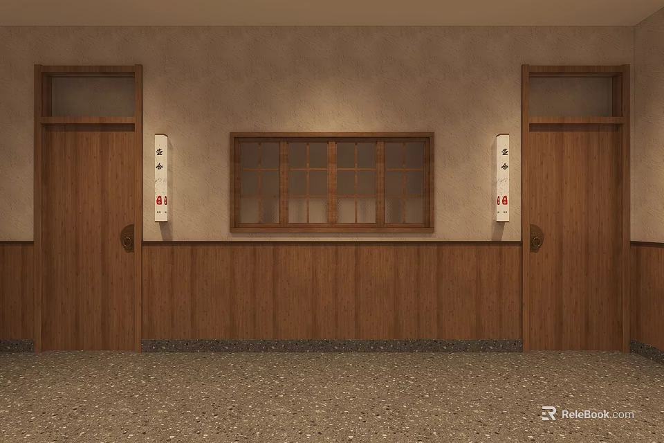 Traditional Restaurant Entrance With Wooden Doors Grid Window And Terrazzo Floor 3d model 