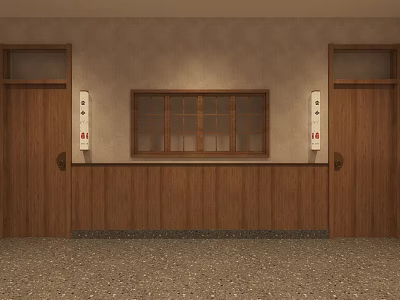 Traditional Restaurant Entrance With Wooden Doors Grid Window And Terrazzo Floor 3d model