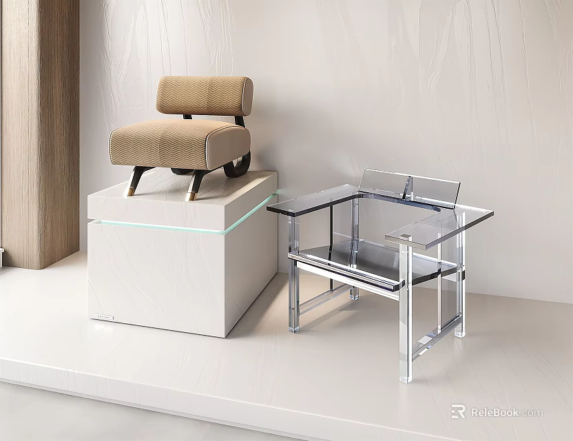 Beige Fabric Accent Chair On White Pedestal With Glass Coffee Table In Modern 3d model 