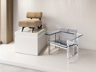 Beige Fabric Accent Chair On White Pedestal With Glass Coffee Table In Modern 3d model