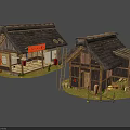 Traditional Japanese Wooden Houses With Tile Roofs Red Lanterns And Signboard