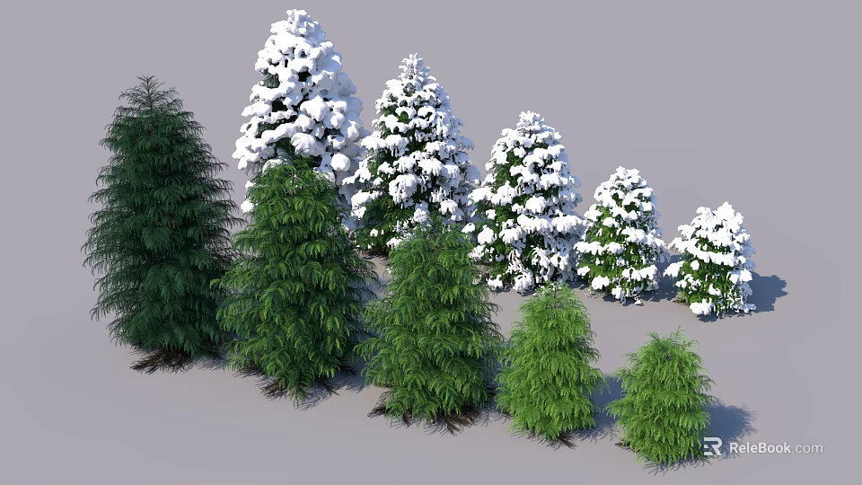 Various Green And Snow Covered Shrubs With Different Sizes And Natural Foliage 3d model 