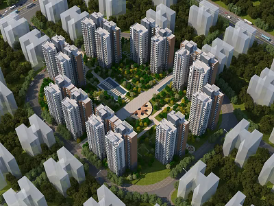 Modern High Rise Residential Buildings Surrounded By Lush Trees And Central Green Plaza 3d model