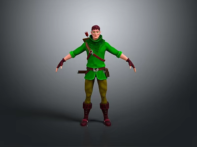 3D Model Of Archer In Green Outfit With Quiver Red Gloves And Brown Boots 3d model