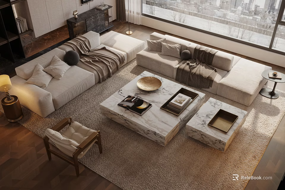 Luxury Modern Sofa And Coffee Table Set With Marble Tabletop Throw Pillows And Area Rug 3d model 