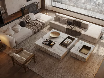 Luxury Modern Sofa And Coffee Table Set With Marble Tabletop Throw Pillows And Area Rug 3d model