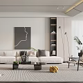 Modern Living Room Interior With Beige Sofa Black And White Striped Rug And Abstract Painting