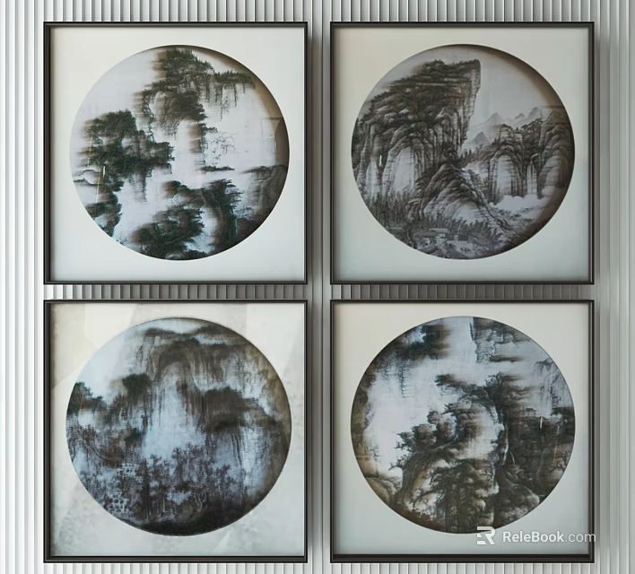 Chinese Style Decorative Circular Landscape Paintings With Black Frames And White Background 3d model 