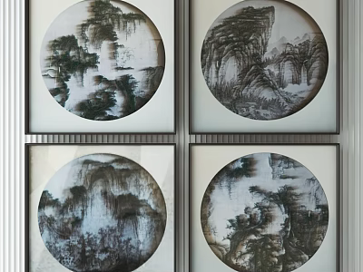 Chinese Style Decorative Circular Landscape Paintings With Black Frames And White Background 3d model